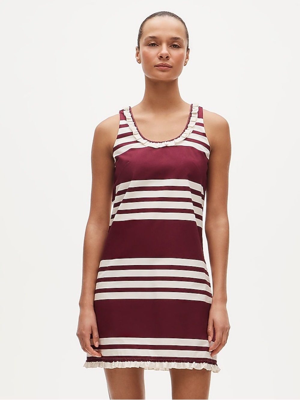 NWT J.CREW  Burgundy and White Striped Ruffle Trim Scoop neck  Mini Dress
